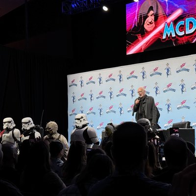 Ian McDiarmid with a cast of Star Wars characters